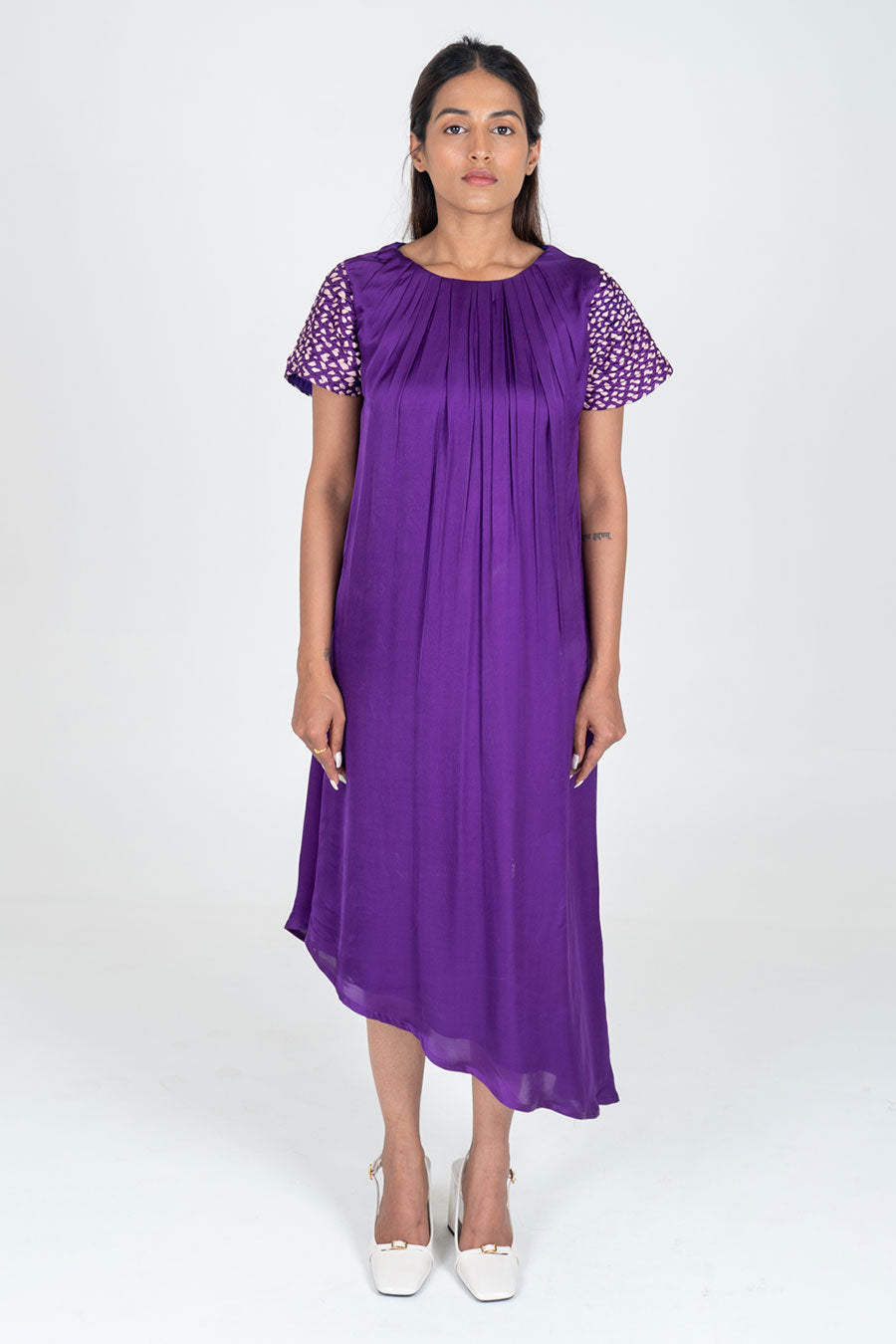 Purple-Pink Braided Sleeves Midi Dress