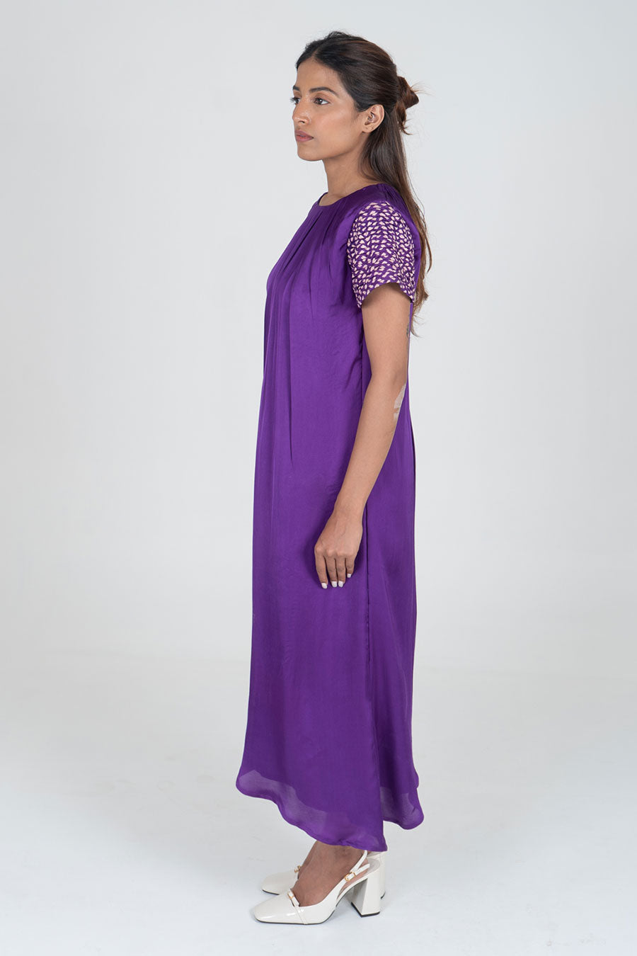Purple-Pink Braided Sleeves Midi Dress