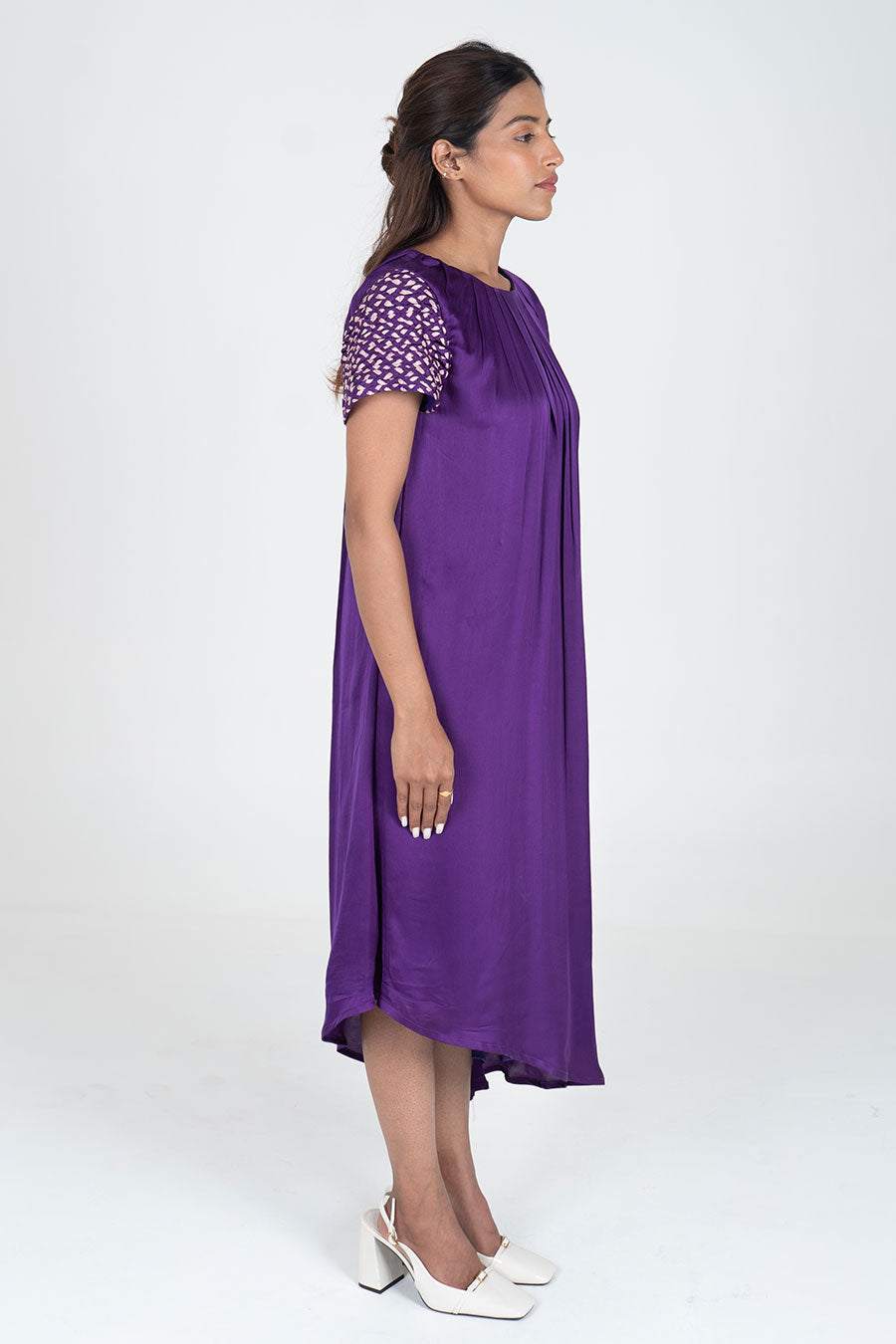 Purple-Pink Braided Sleeves Midi Dress