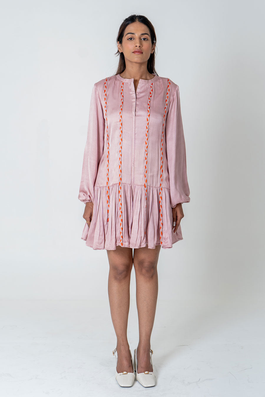 Pink-Orange Braided Short Gathered Dress
