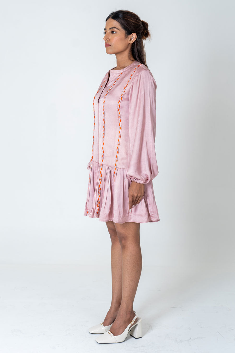 Pink-Orange Braided Short Gathered Dress