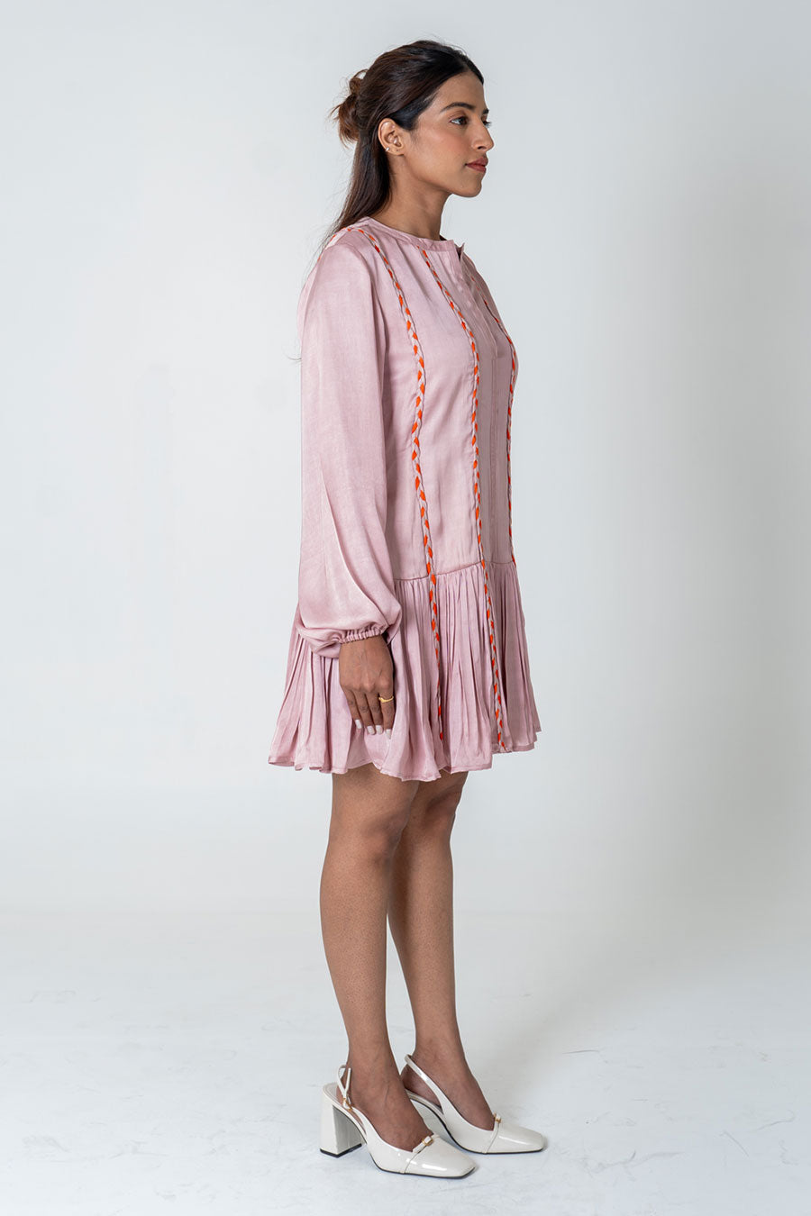 Pink-Orange Braided Short Gathered Dress
