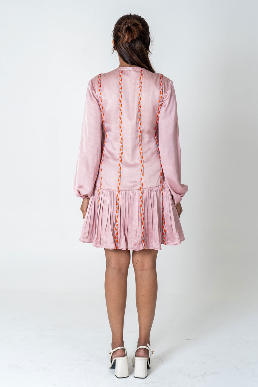 Pink-Orange Braided Short Gathered Dress