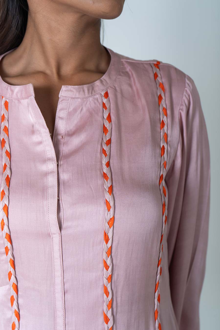 Pink-Orange Braided Short Gathered Dress