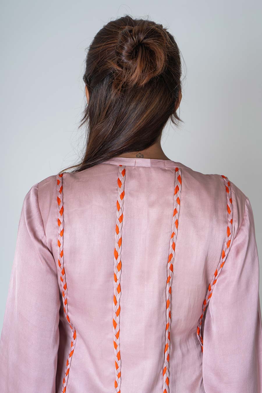 Pink-Orange Braided Short Gathered Dress