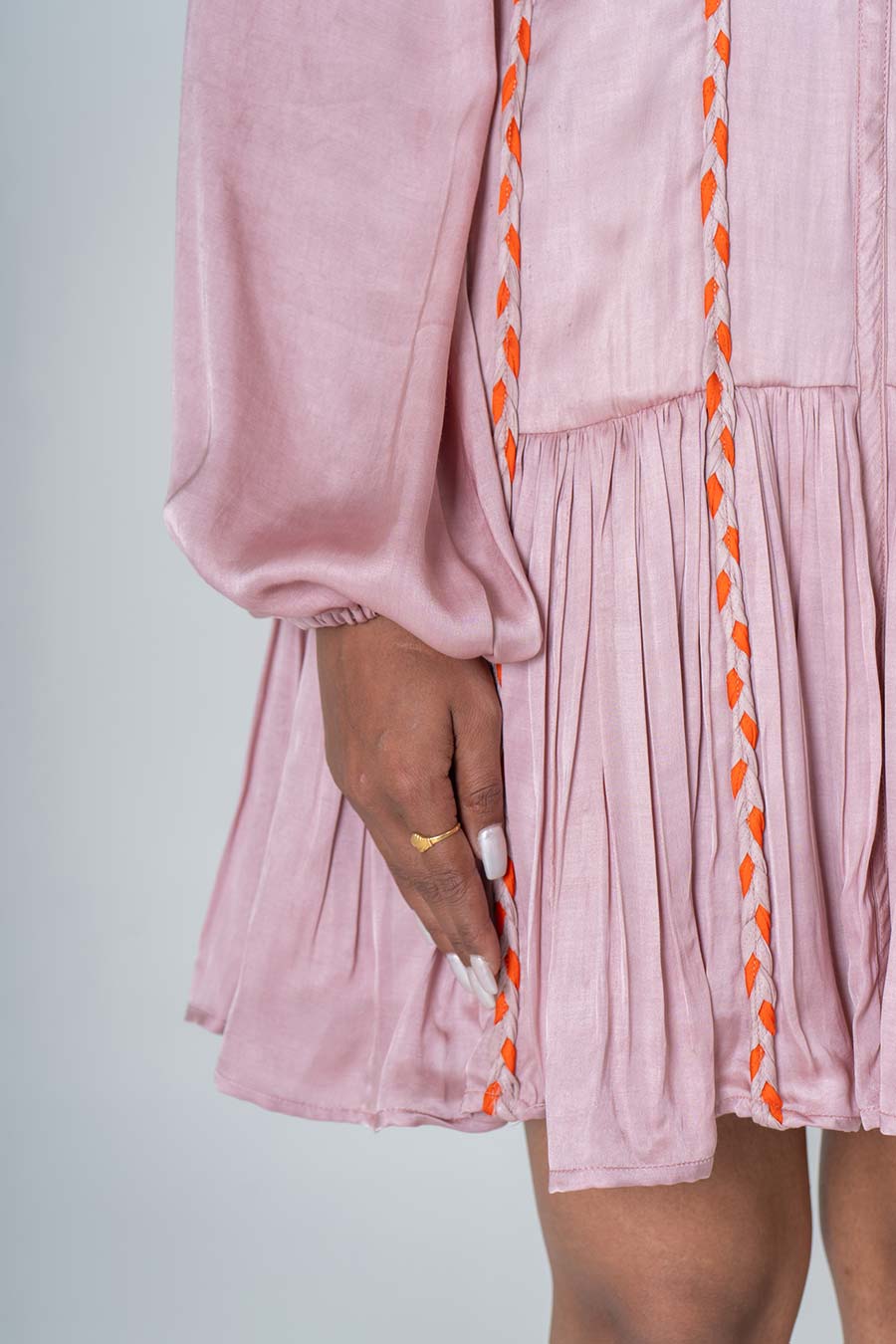 Pink-Orange Braided Short Gathered Dress