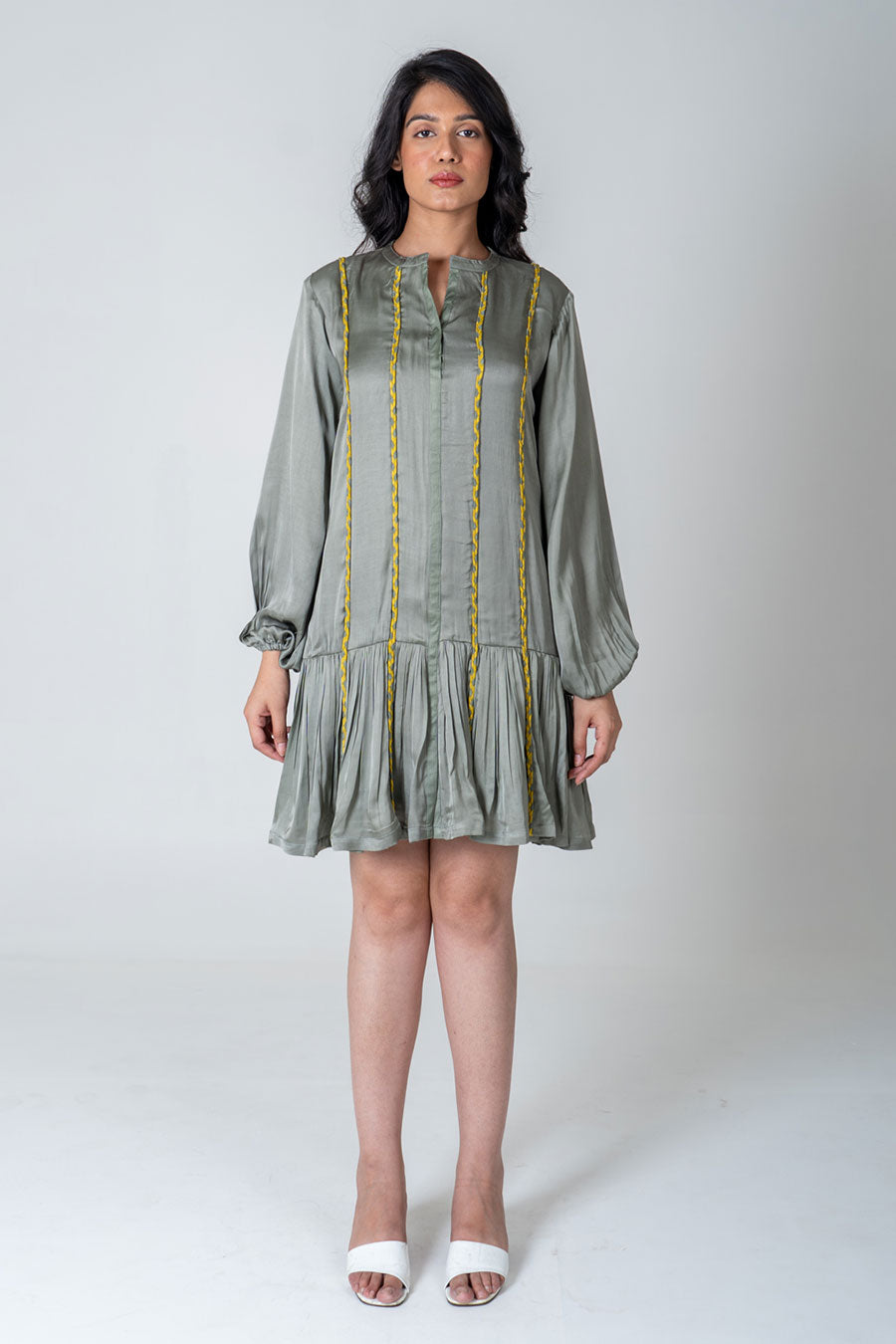 Green-Yellow Braided Short Gathered Dress