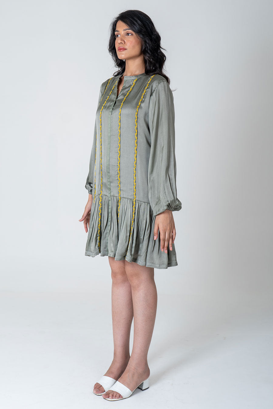 Green-Yellow Braided Short Gathered Dress