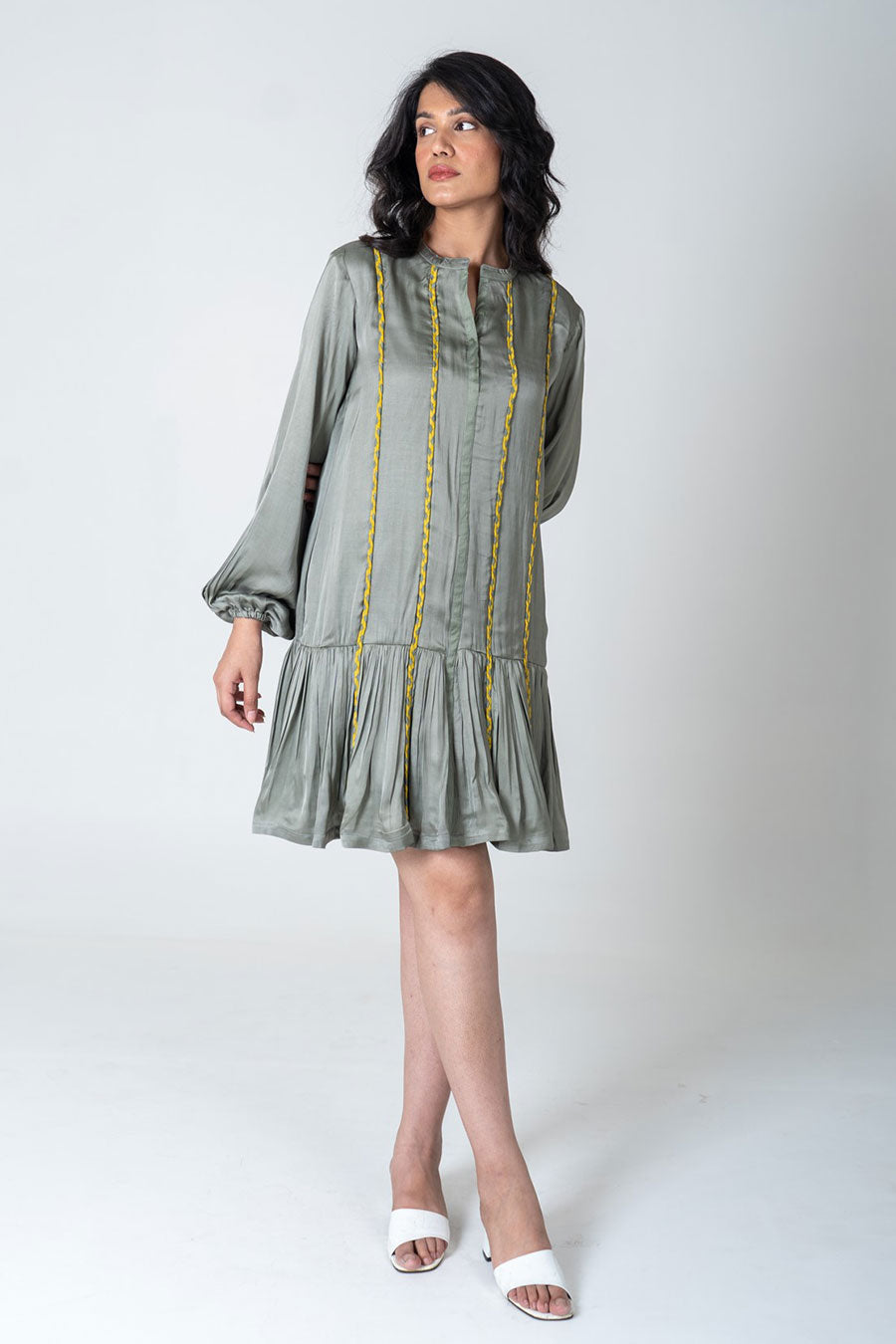 Green-Yellow Braided Short Gathered Dress