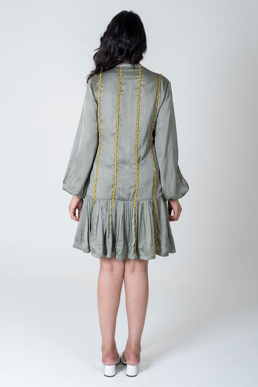 Green-Yellow Braided Short Gathered Dress