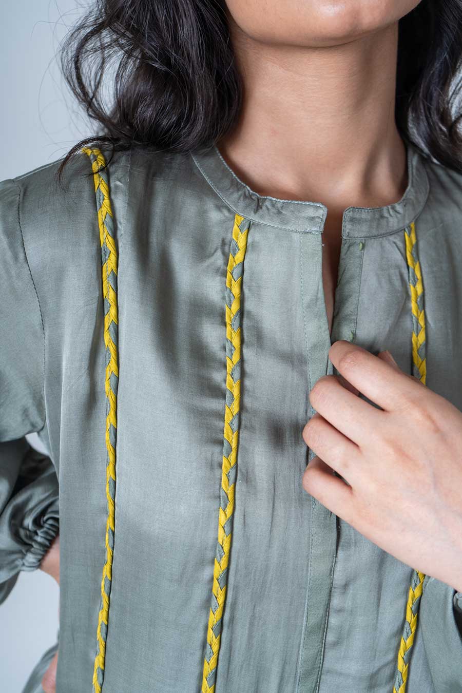 Green-Yellow Braided Short Gathered Dress