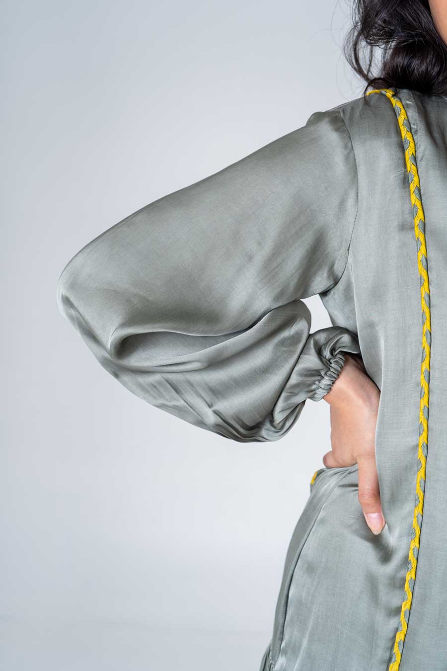 Green-Yellow Braided Short Gathered Dress