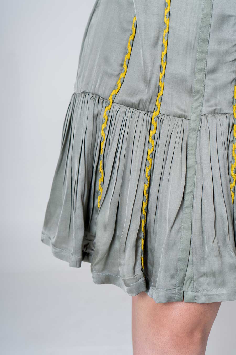 Green-Yellow Braided Short Gathered Dress