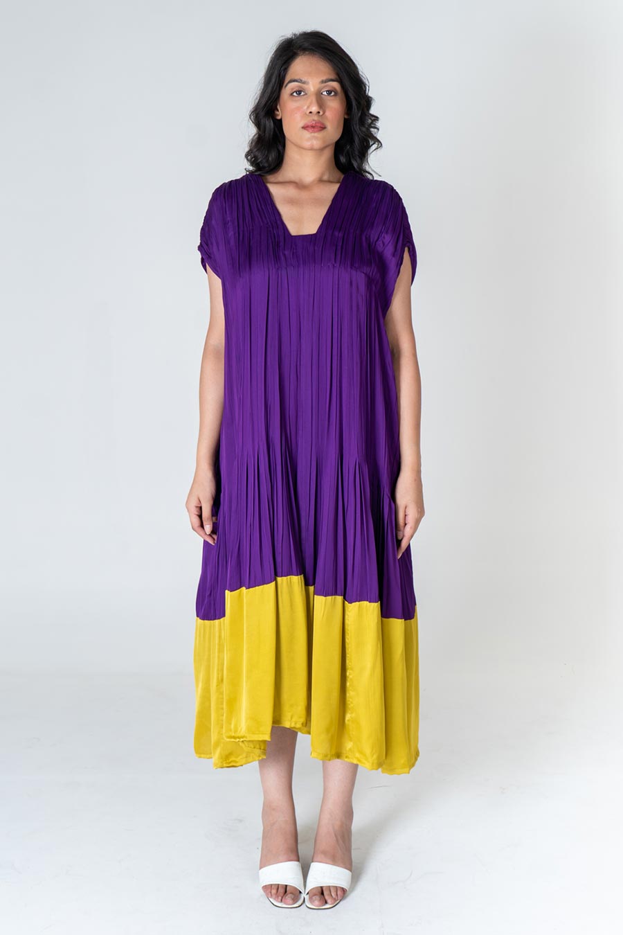 Purple-Yellow Colour-Blocked Dress