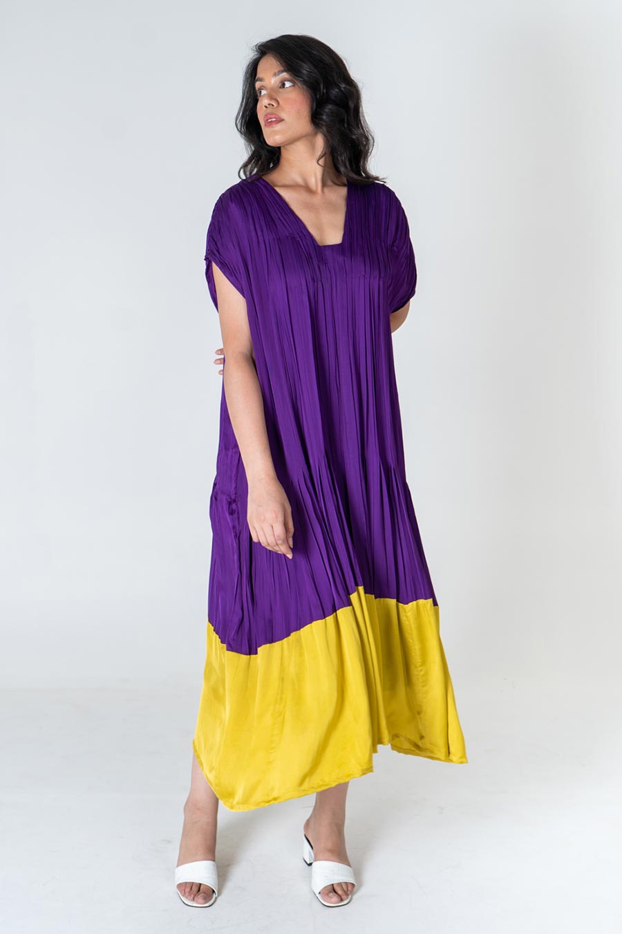 Purple-Yellow Colour-Blocked Dress