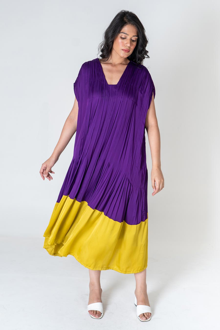 Purple-Yellow Colour-Blocked Dress