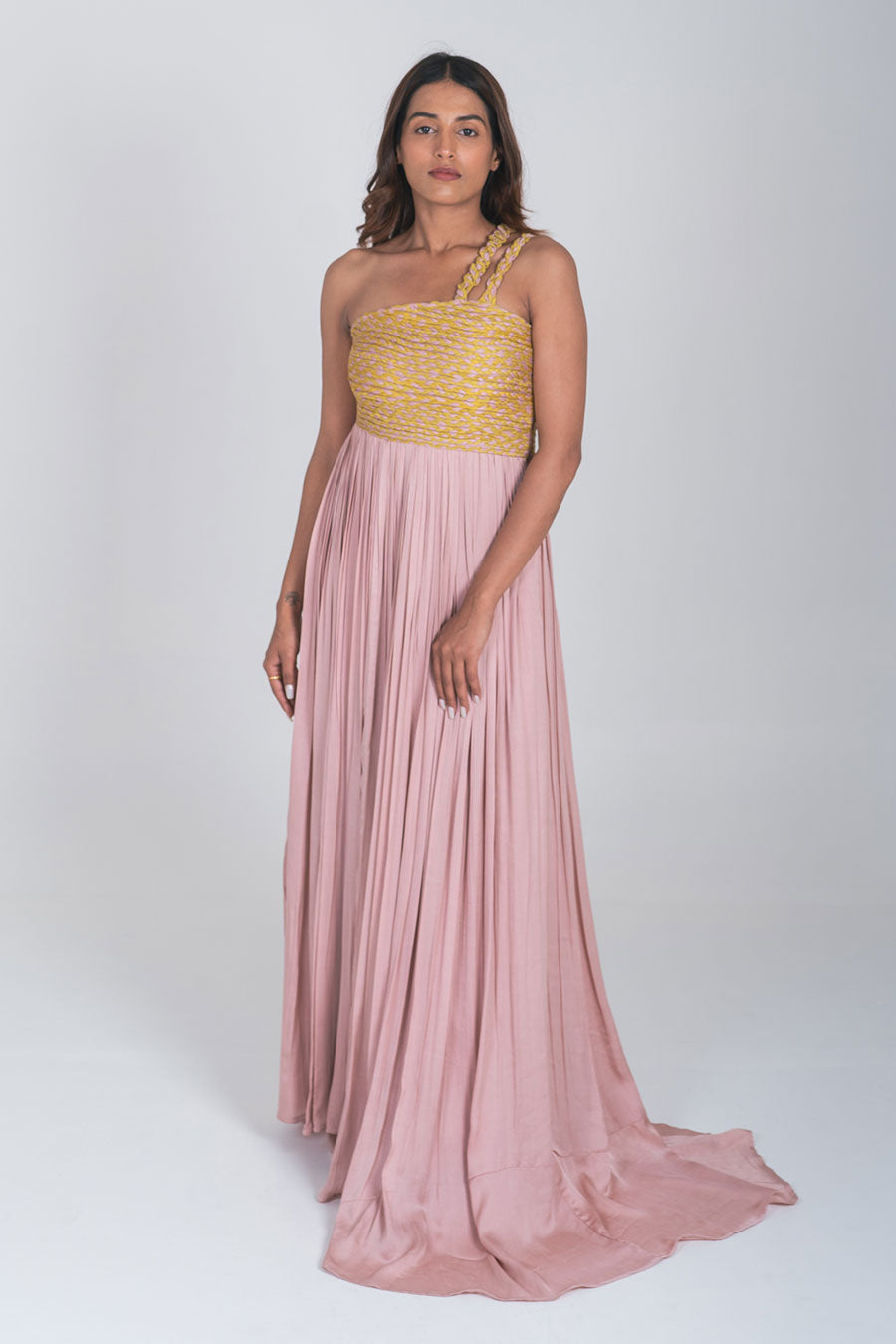 Pink-Yellow Braided Gathered Gown