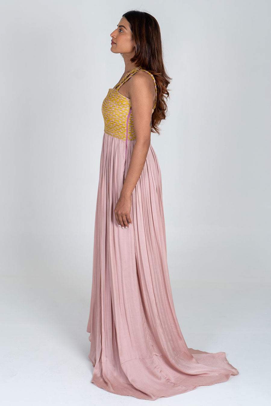 Pink-Yellow Braided Gathered Gown