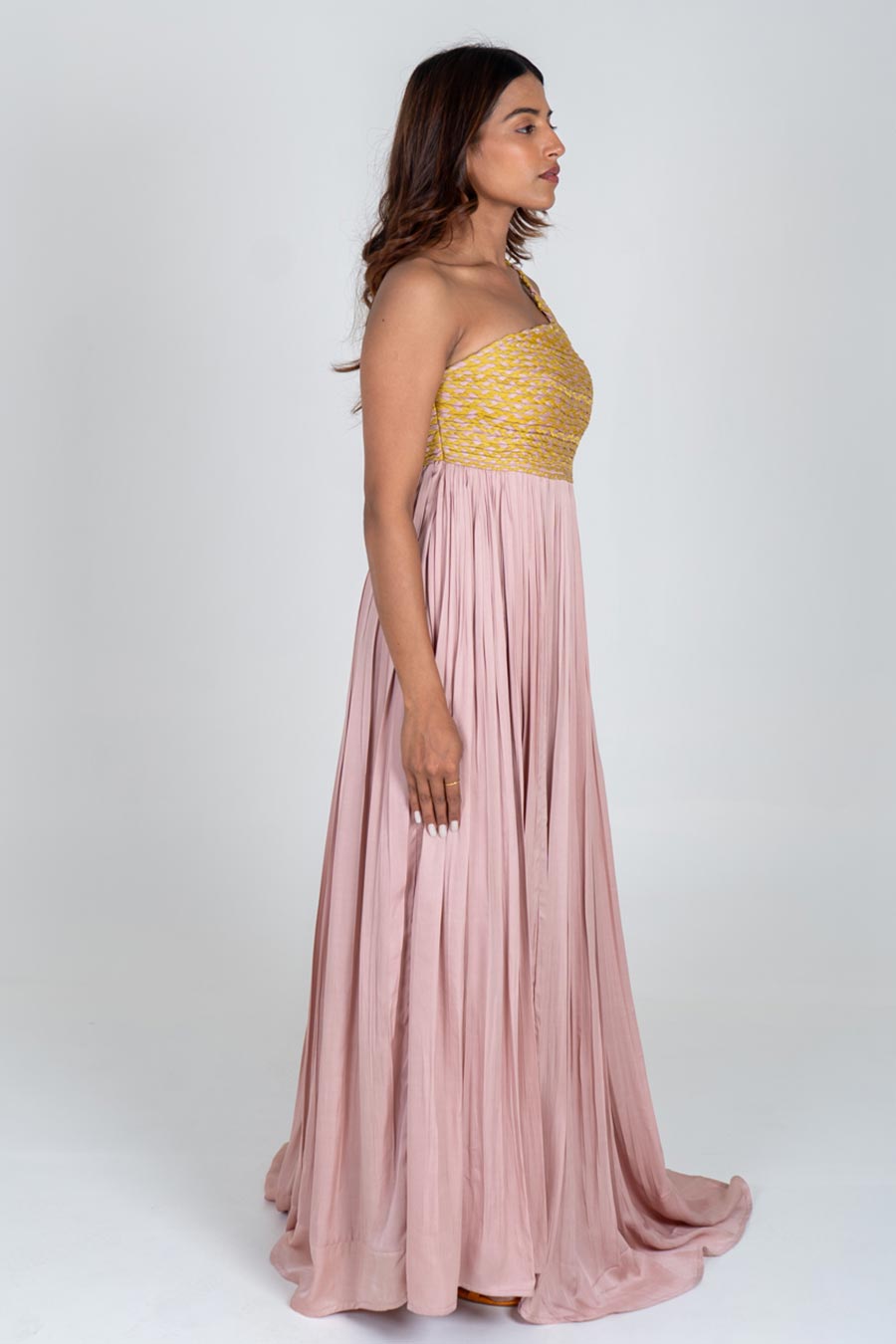 Pink-Yellow Braided Gathered Gown