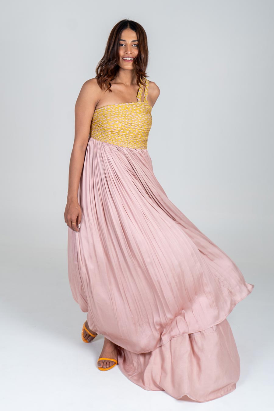 Pink-Yellow Braided Gathered Gown