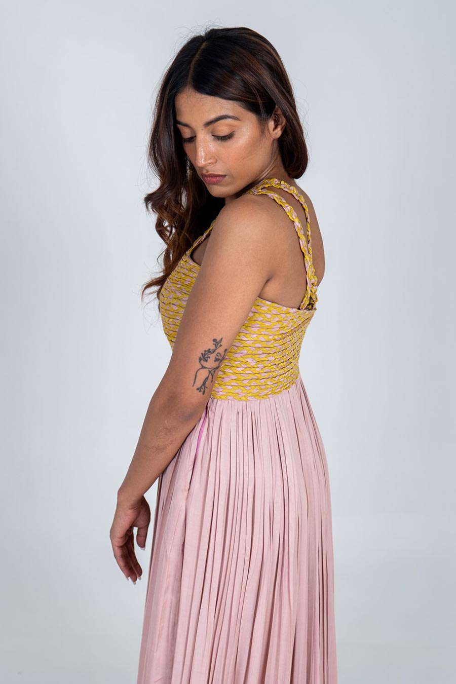 Pink-Yellow Braided Gathered Gown