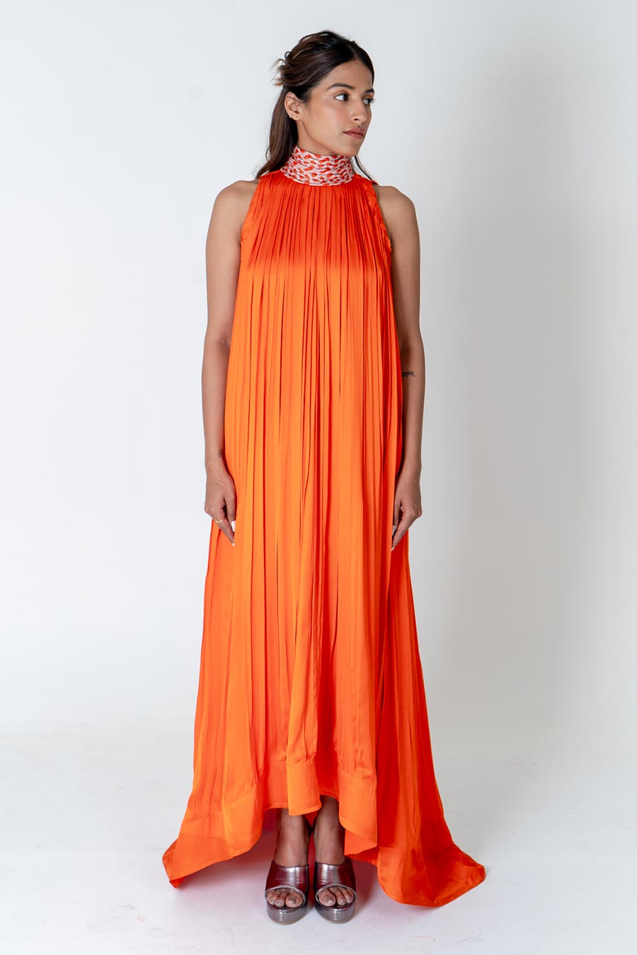 Orange-Pink Braided Neck Gathered Gown