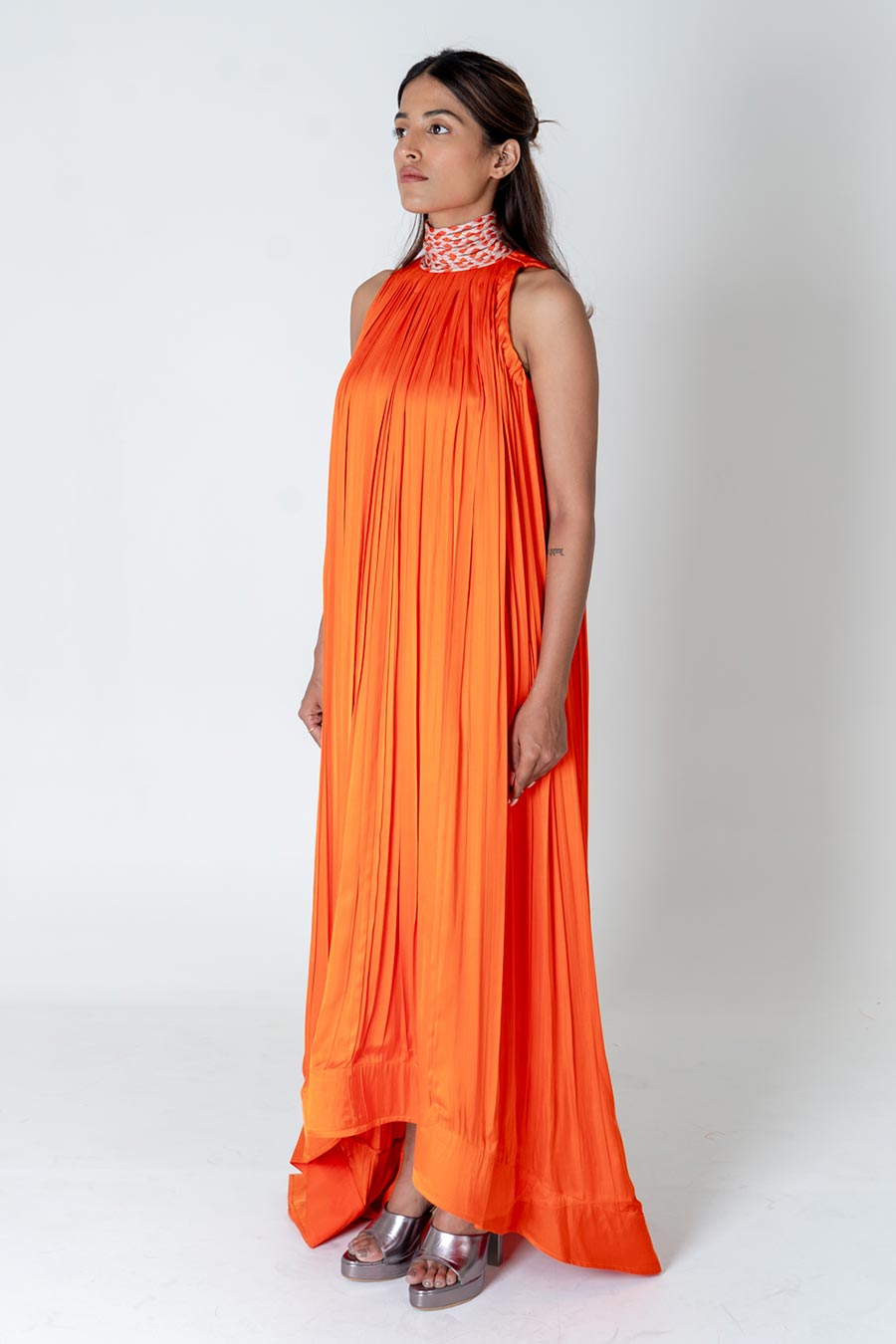 Orange-Pink Braided Neck Gathered Gown