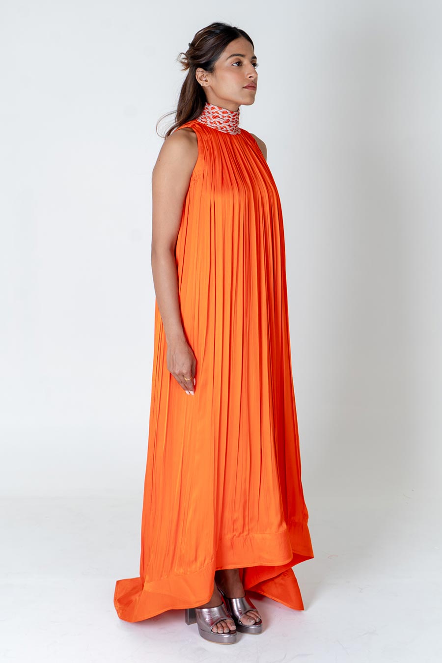 Orange-Pink Braided Neck Gathered Gown