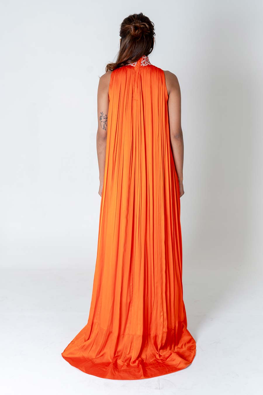 Orange-Pink Braided Neck Gathered Gown