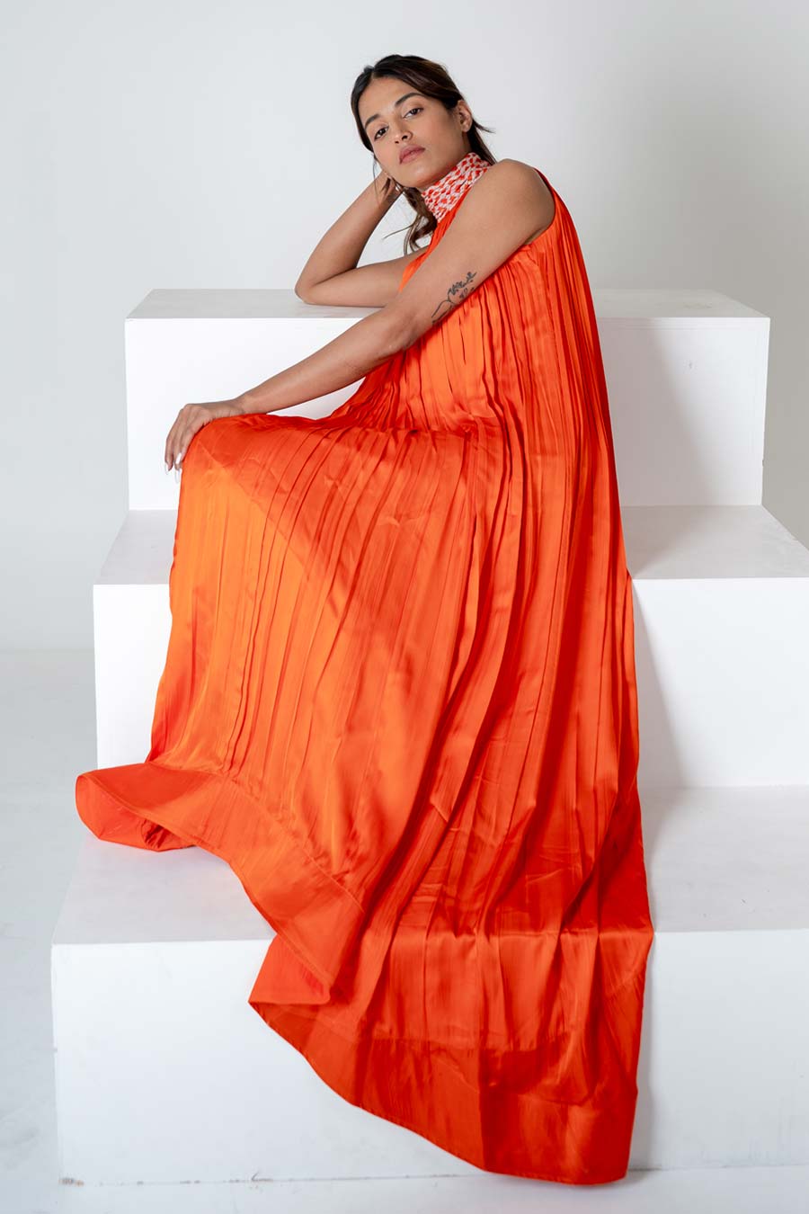 Orange-Pink Braided Neck Gathered Gown