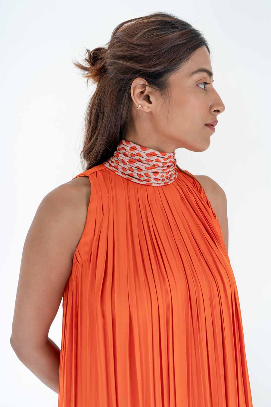 Orange-Pink Braided Neck Gathered Gown