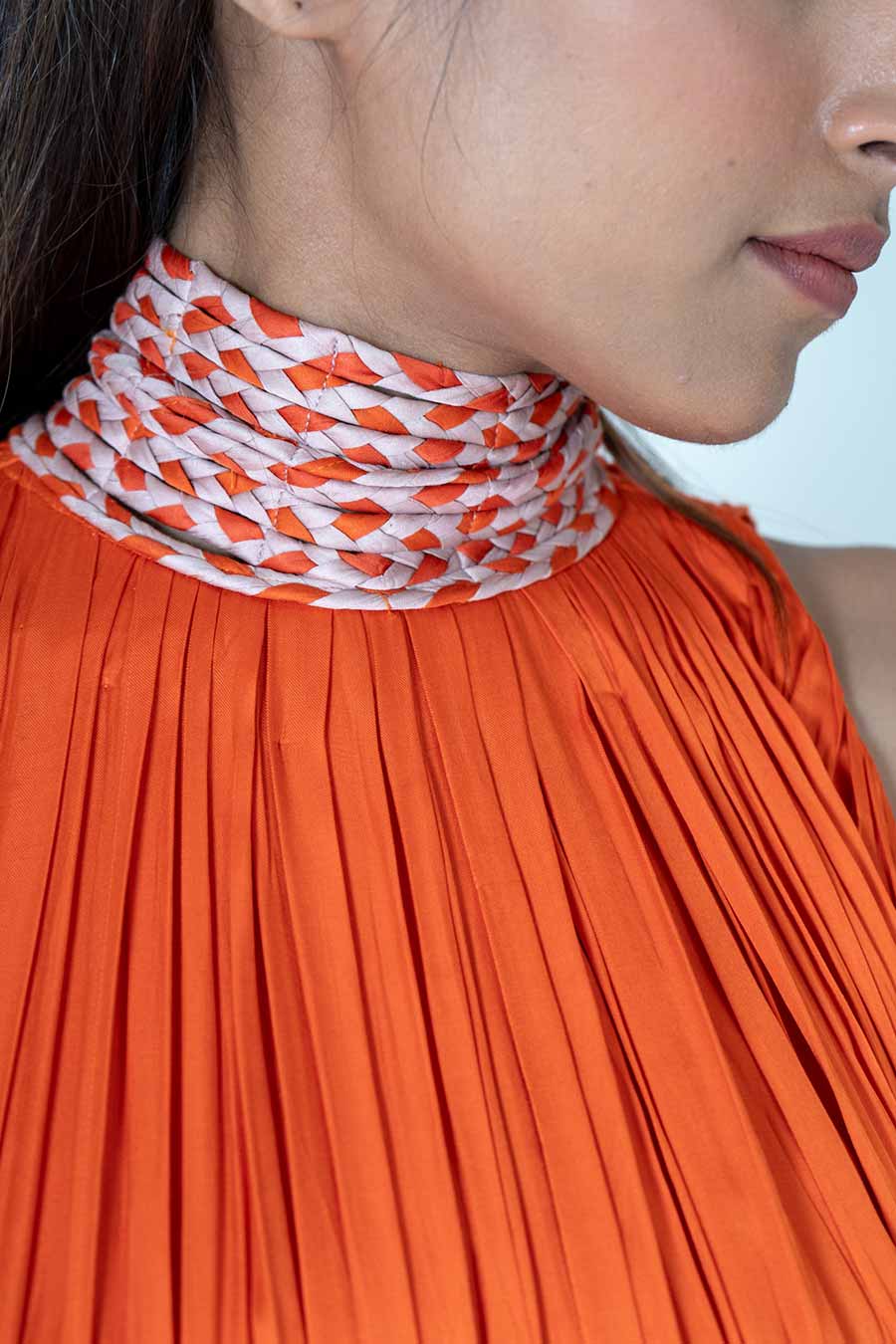 Orange-Pink Braided Neck Gathered Gown