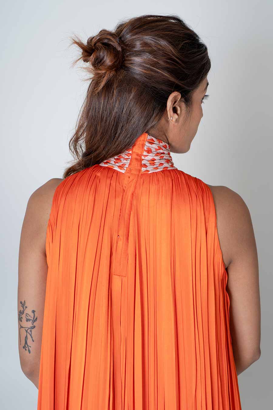 Orange-Pink Braided Neck Gathered Gown