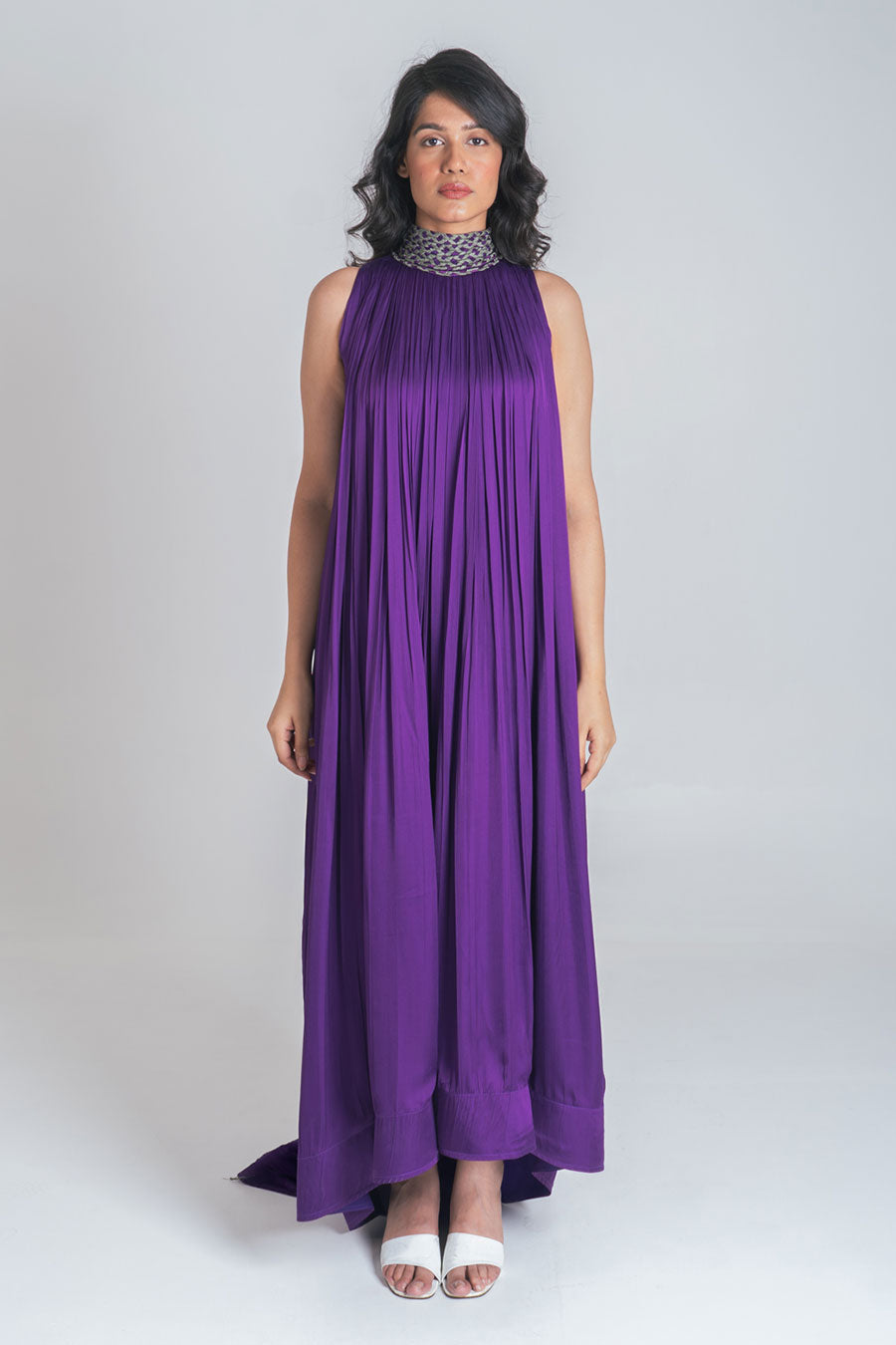 Purple-Green Braided Neck Gathered Gown