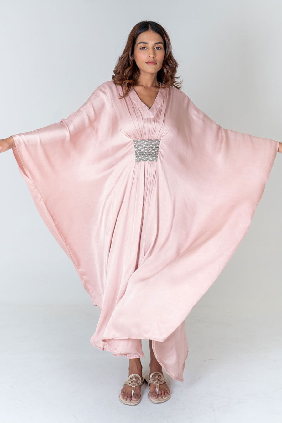 Pink-Green Braided Long Kaftan