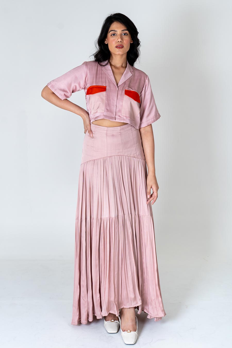 Pink Crop Shirt & Gathered Skirt Co-Ord Set