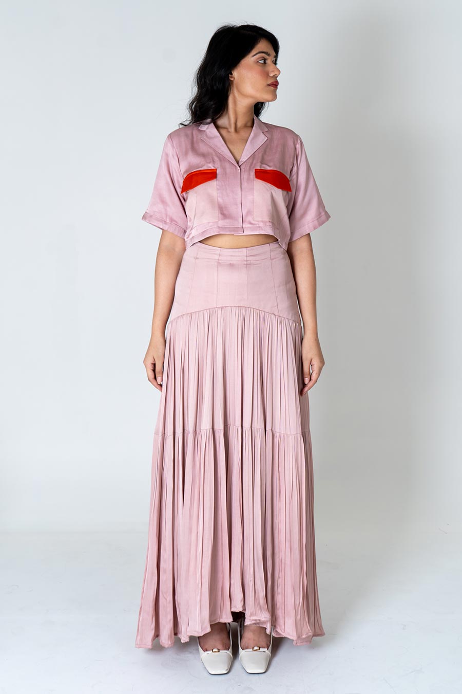Pink Crop Shirt & Gathered Skirt Co-Ord Set