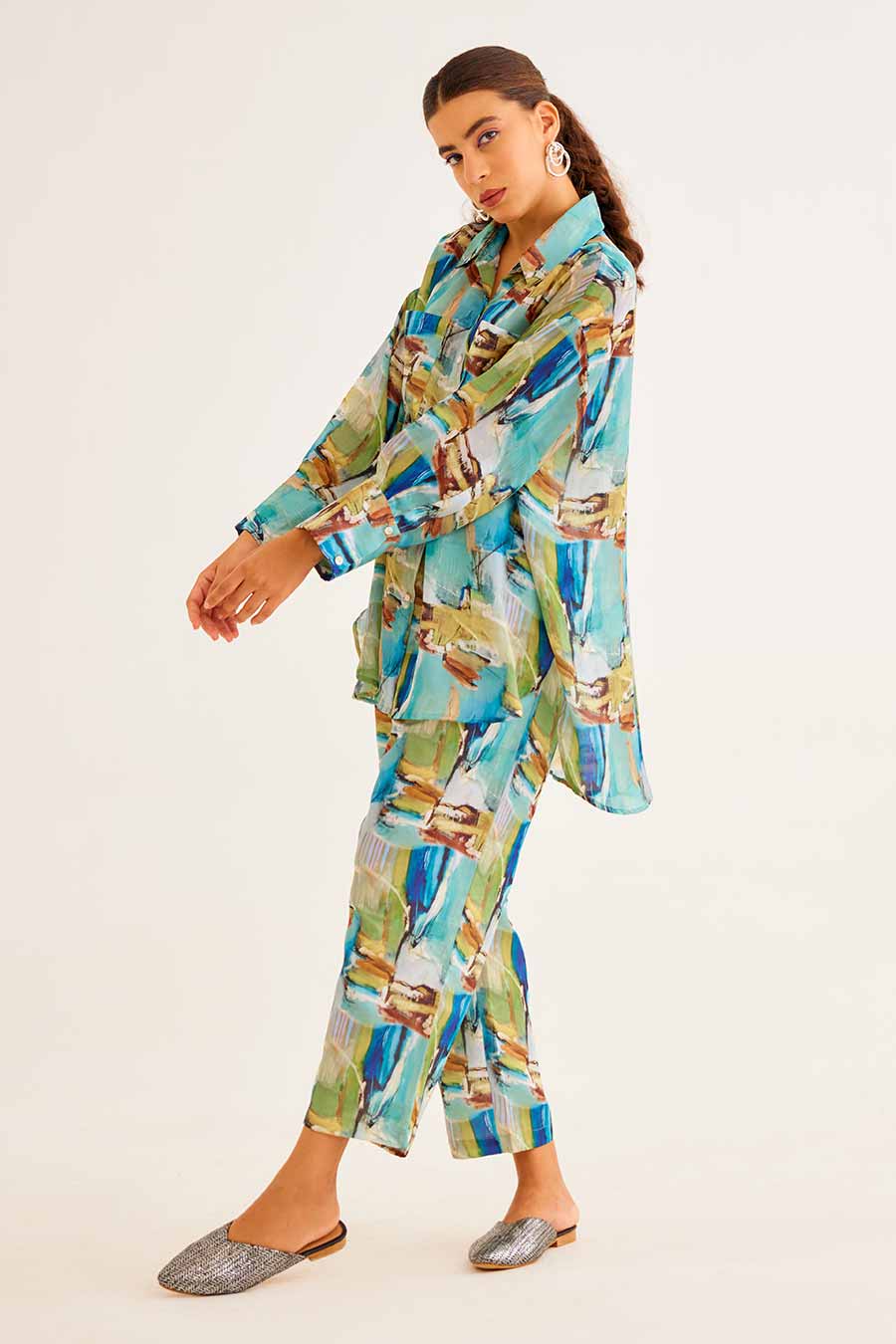 Brushstroke Print Pocket Shirt & Pant Co-Ord Set
