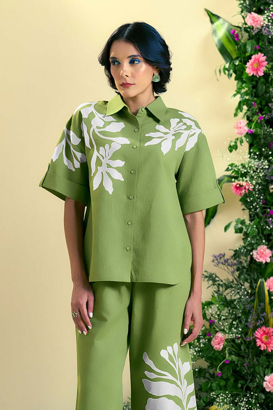 Green Soleil Linen Embroidered Shirt