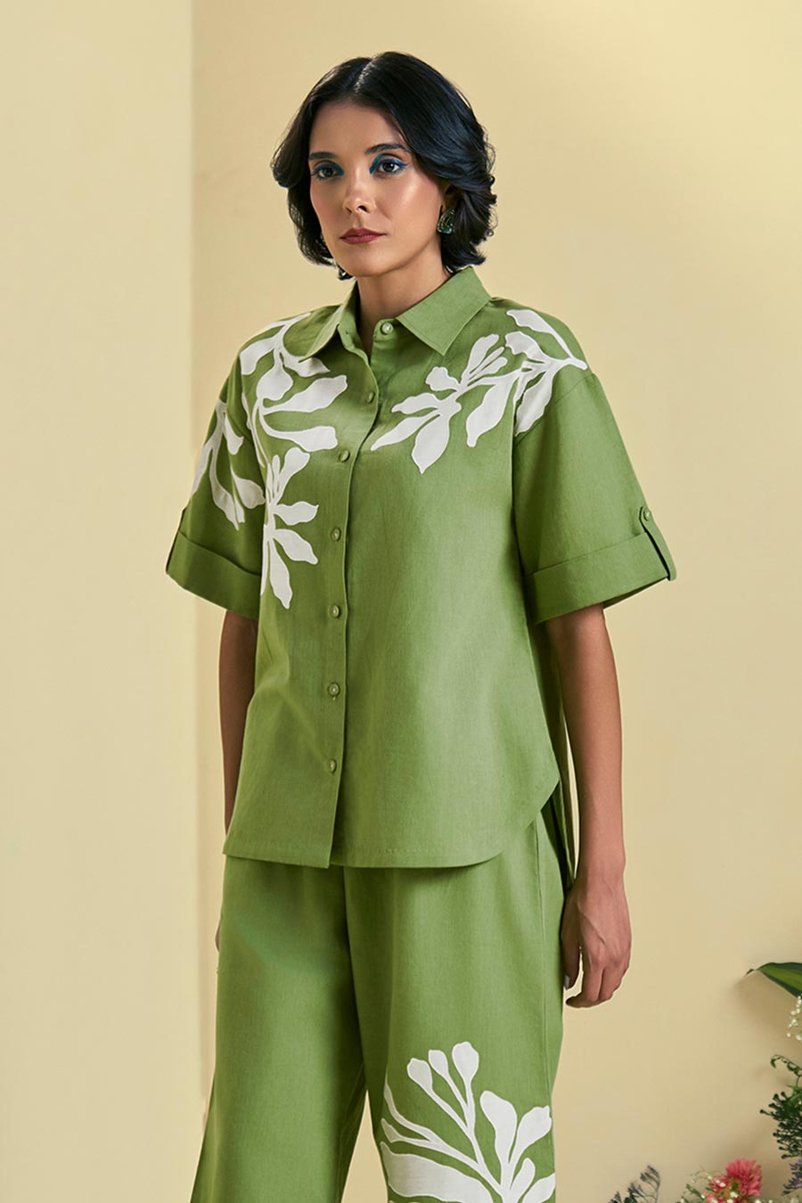 Green Soleil Linen Embroidered Shirt