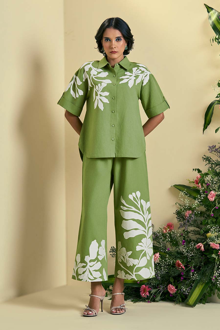 Green Soleil Linen Embroidered Shirt
