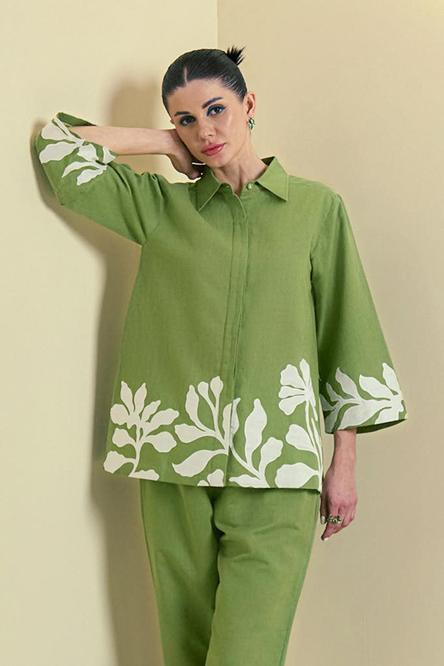 Green Reva Linen Embroidered Shirt