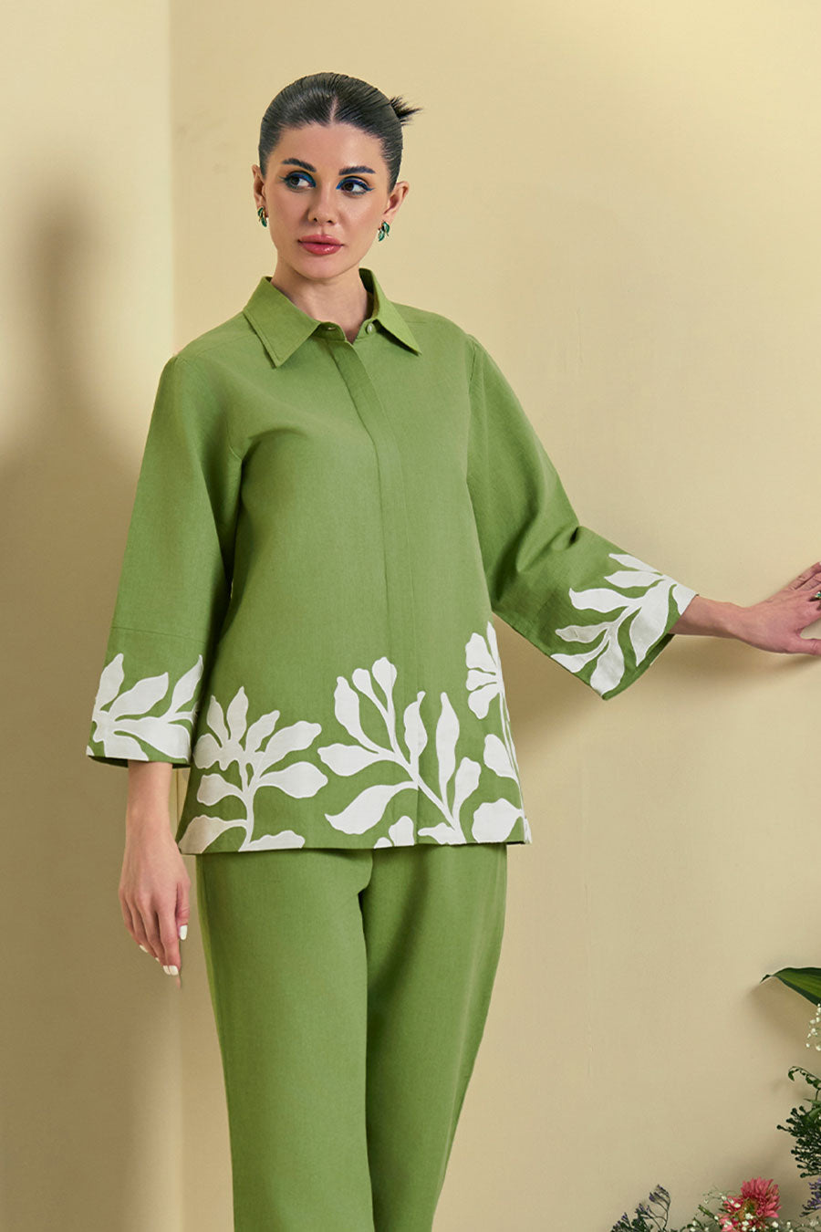 Green Reva Linen Embroidered Shirt