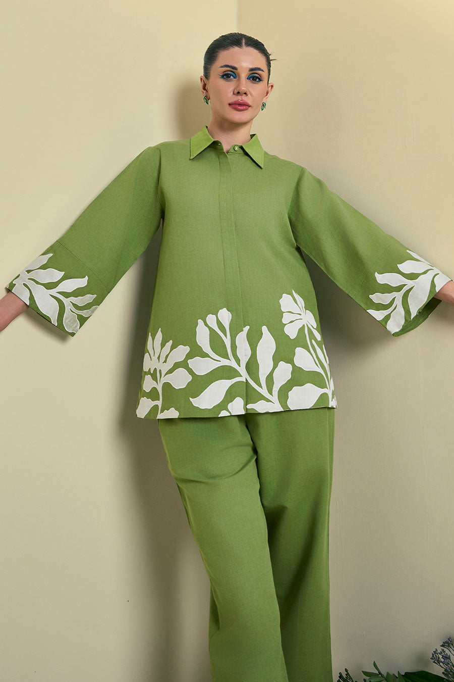 Green Reva Linen Embroidered Shirt