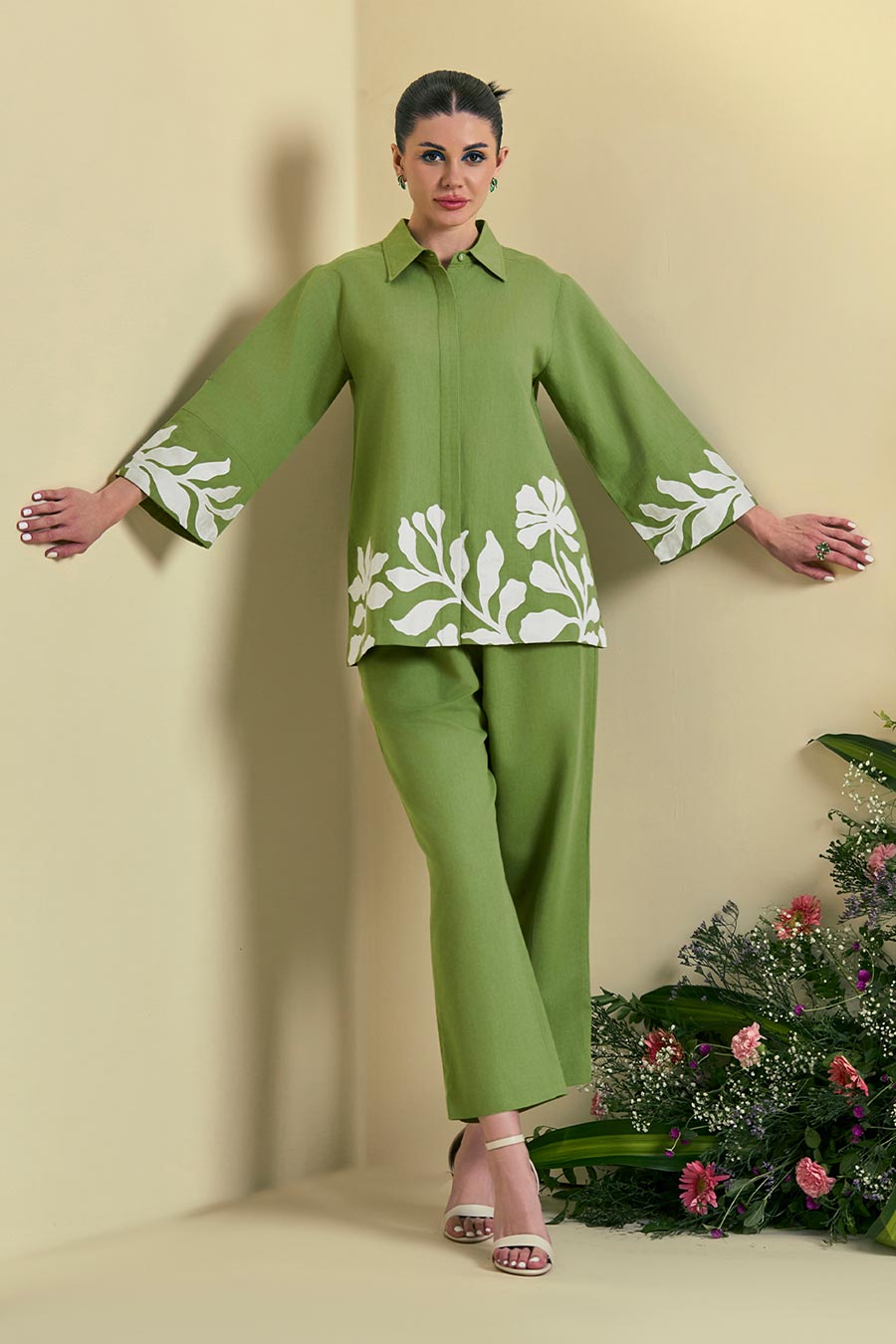 Green Reva Linen Embroidered Shirt