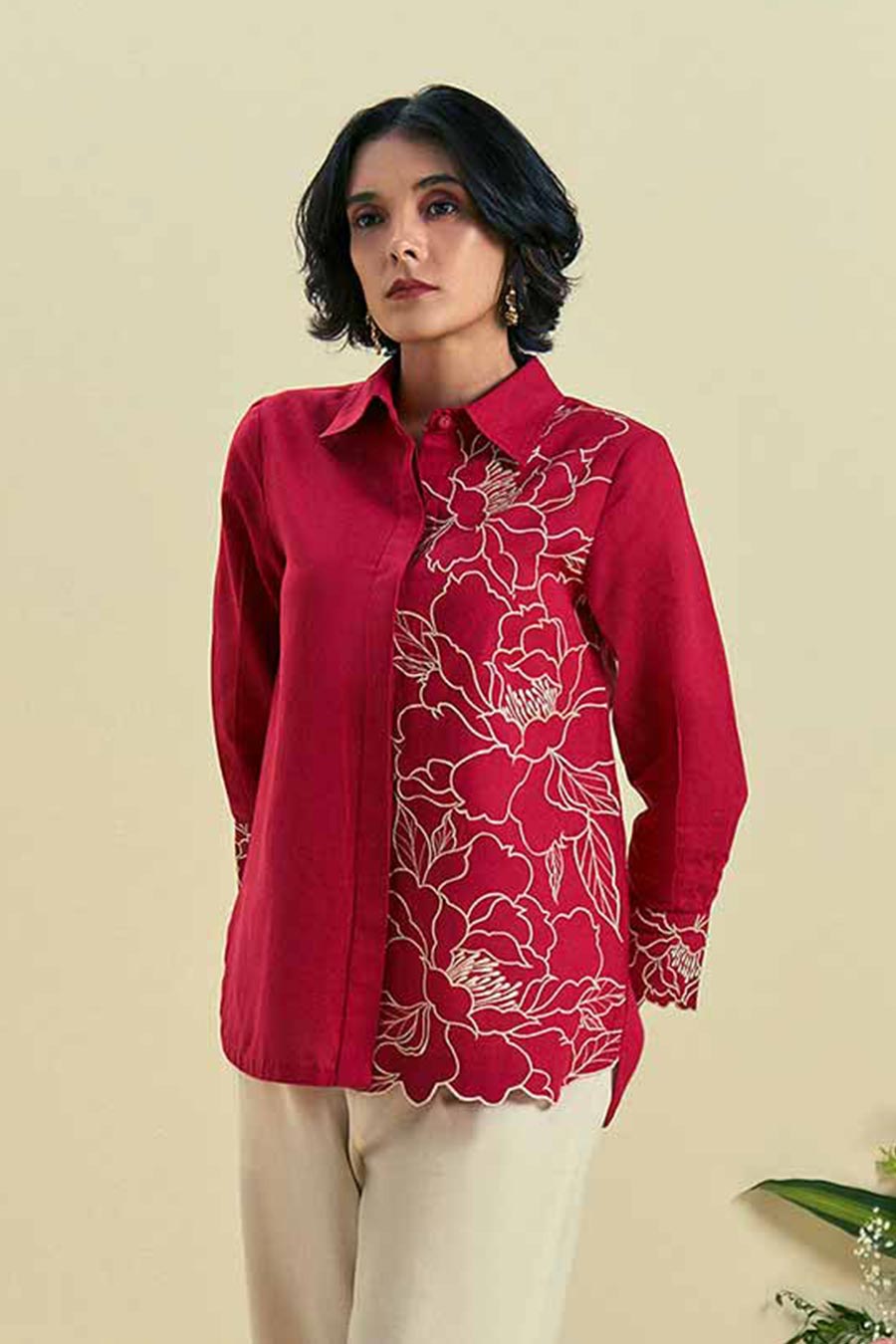Red Bloom Linen Embroidered Shirt