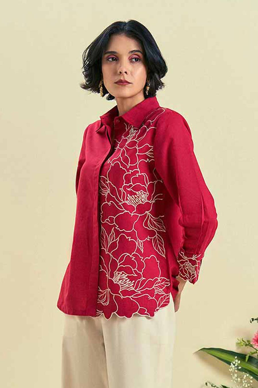 Red Bloom Linen Embroidered Shirt