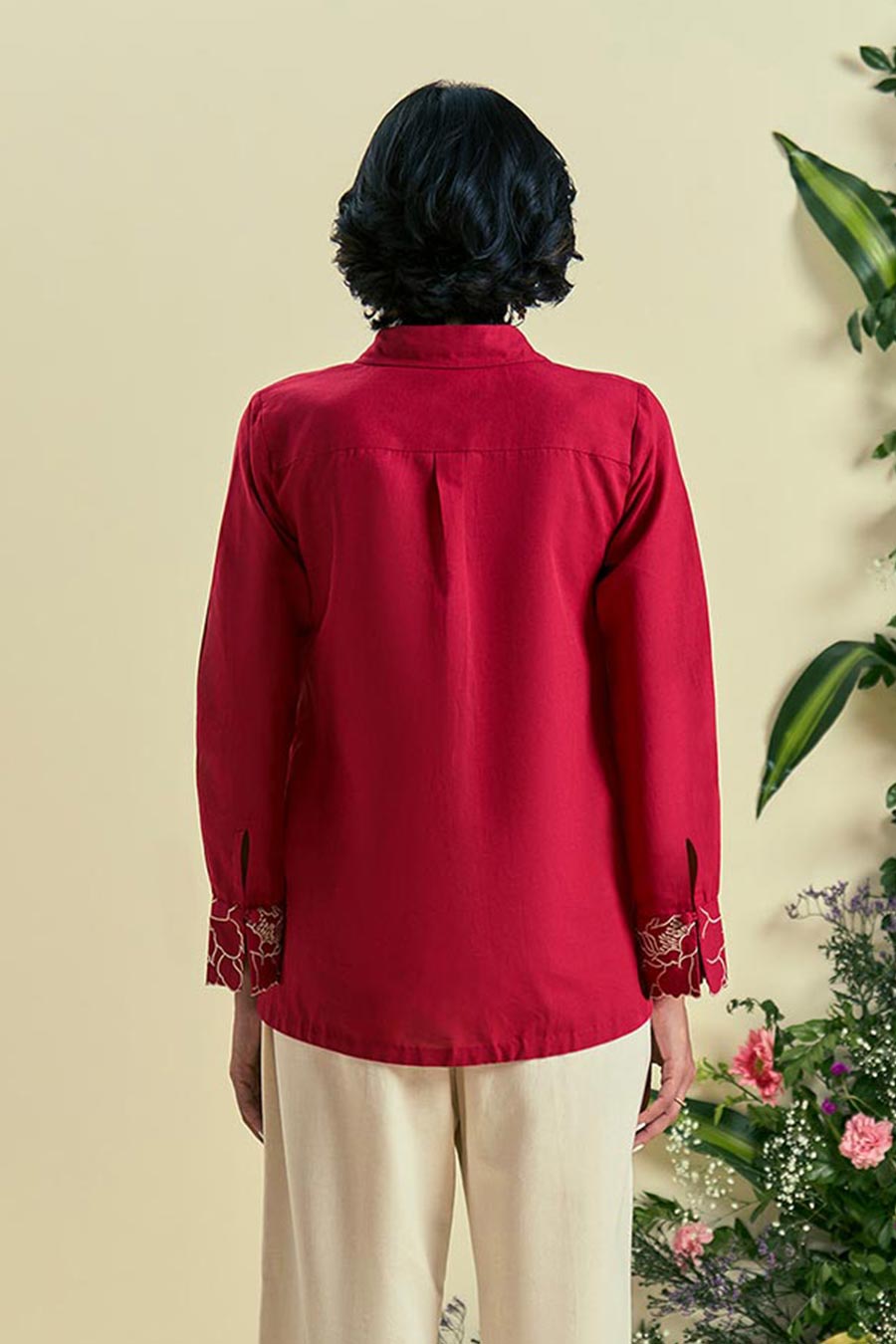 Red Bloom Linen Embroidered Shirt