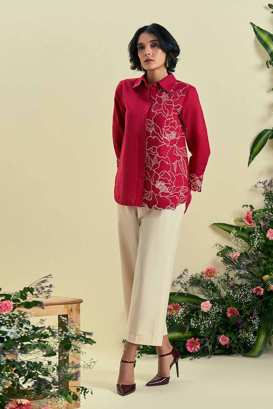Red Bloom Linen Embroidered Shirt