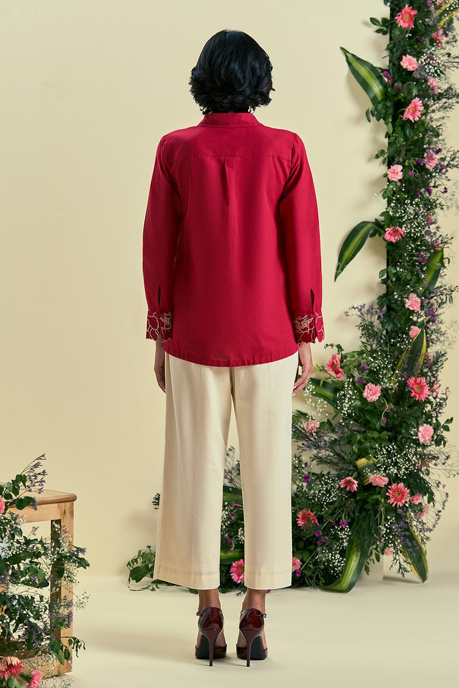 Red Bloom Linen Embroidered Shirt